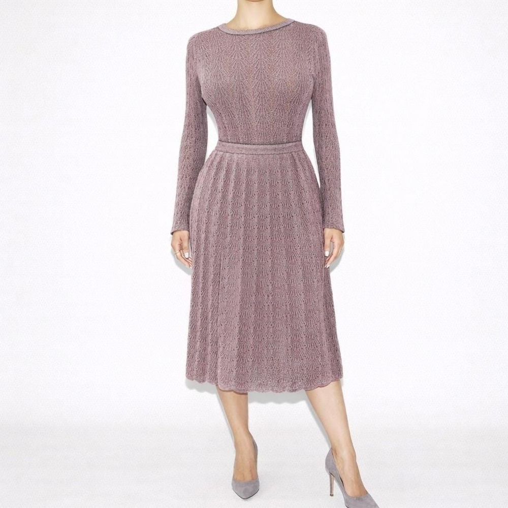 70s Vintage Mauve Rib Knit Set Womens M Scalloped Hem Boat Neck Top Midi Skirt